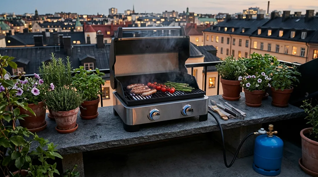 Zweiflammiger Tischgrill auf einer stabilen, hitzefesten Steinablage auf dem Balkon, mit angeschlossener Gasflasche daneben