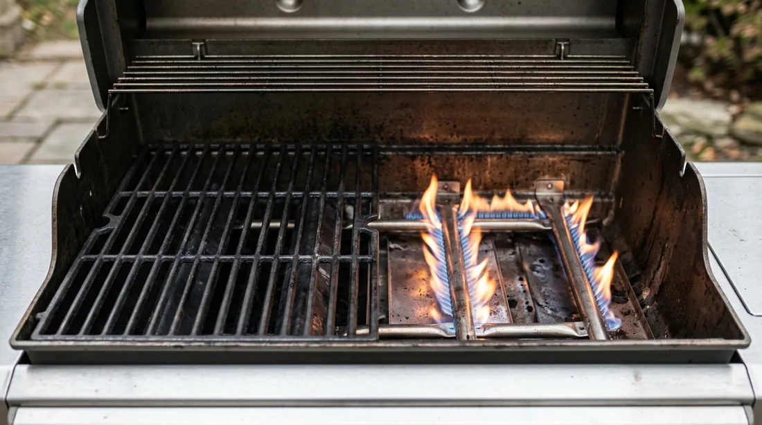 Geöffneter Gasgrill: links der Gussrost über der ausgeschalteten Zone, rechts die freiliegenden Brenner mit Flamme, ohne Rost darüber