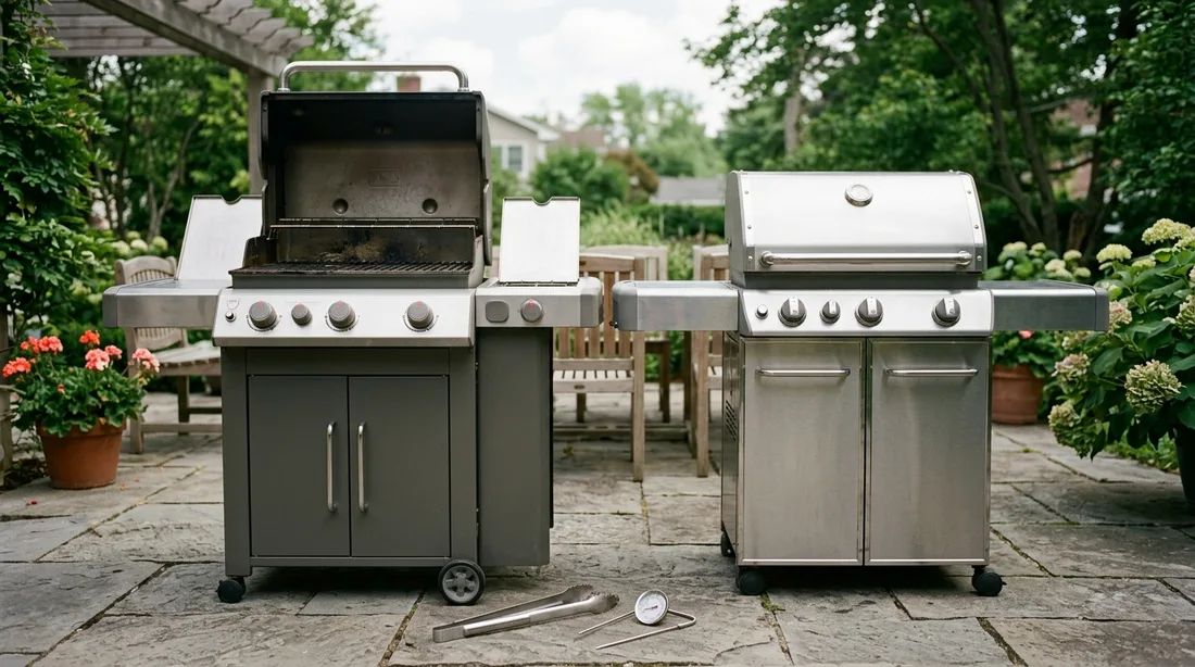 Zwei Gasgrills nebeneinander auf einer Terrasse, davor Grillzange und Deckelthermometer