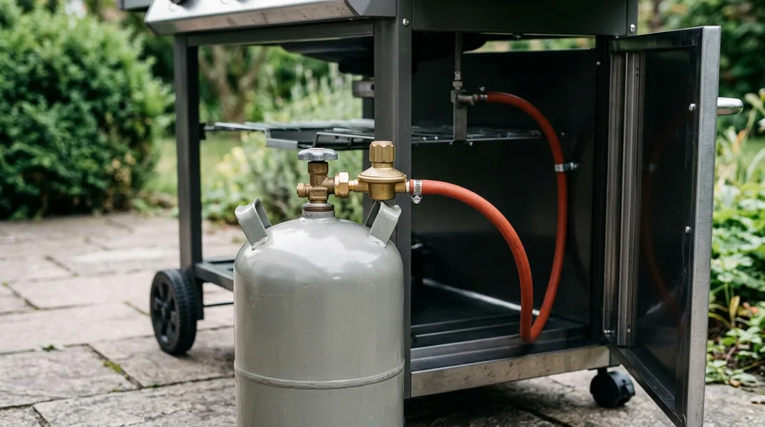 Gasflasche mit Druckminderer und Gasschlauch neben dem Unterschrank eines Grillwagens